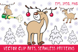 Funny Deer Christmas Clipart & Seamless Patterns Illustrations