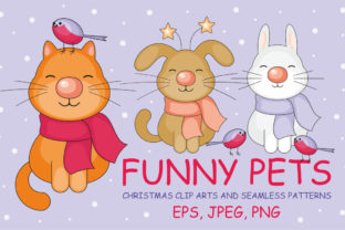 Funny Pets Christmas Clip Arts and Seamless Patterns