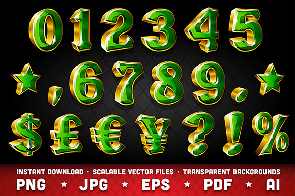 Shiny Gold Numbers & Currency Symbols Illustrations
